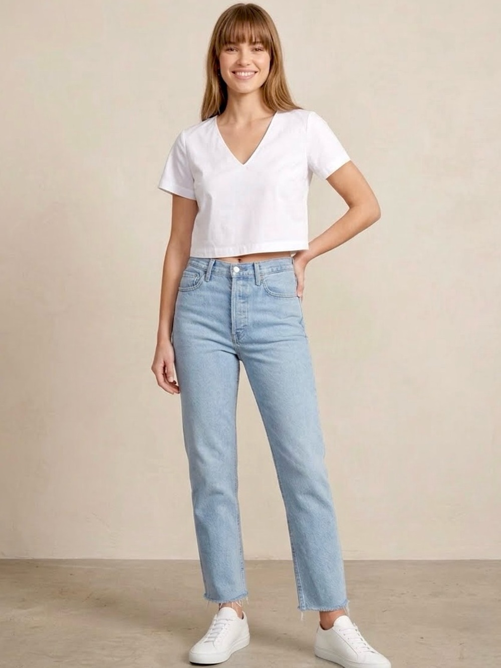 Re/Done Straight Leg‎ Light Blue Denim Jeans with Frayed Hem, Size 30